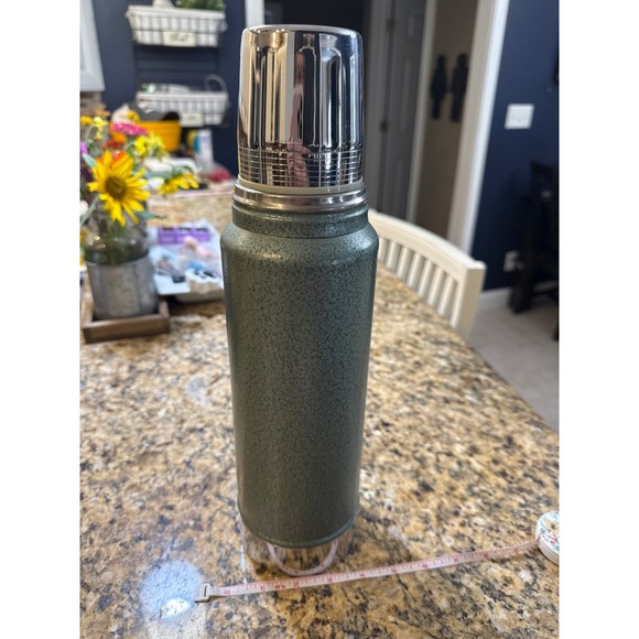 Vintage Aladdin Stanley Style? Thermos Bottle Green Chrome Stopper Lid Hot Cold - Picture 1 of 6
